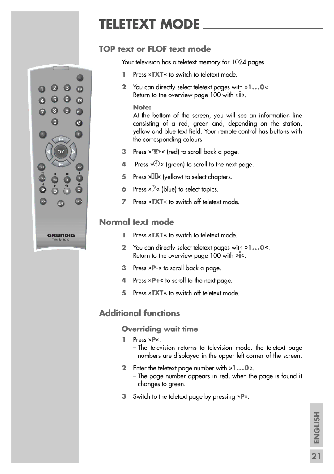 Grundig MF 72-6510/8 manual TOP text or Flof text mode, Normal text mode, Additional functions, Overriding wait time 