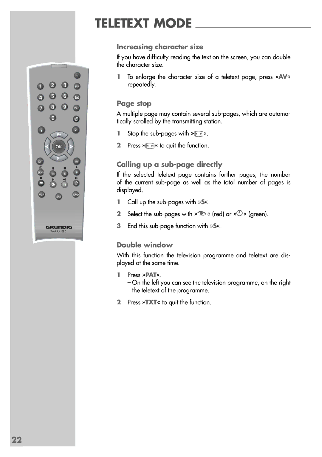 Grundig MF 72-6510/8 manual Increasing character size, Stop, Calling up a sub-page directly, Double window 