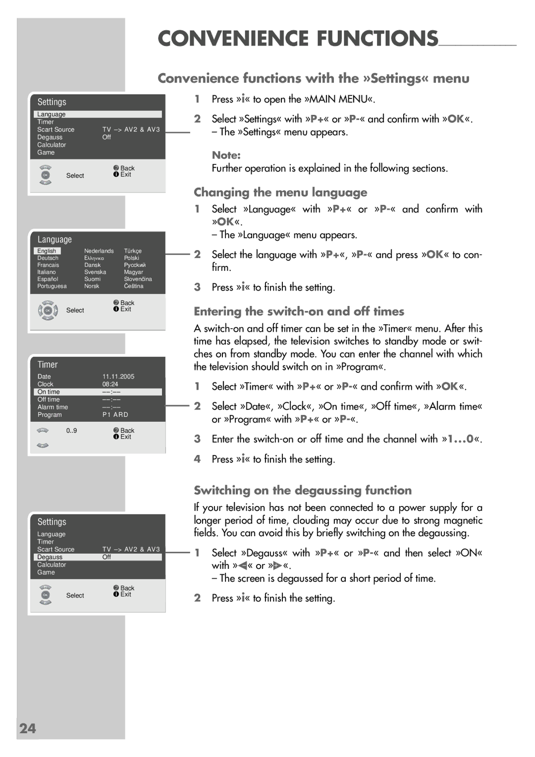 Grundig MF 72-6510/8 manual Convenience functions with the »Settings« menu, Changing the menu language 