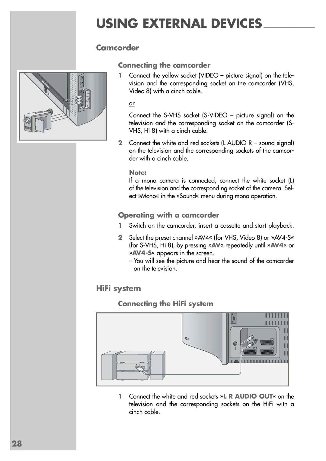 Grundig MF 72-6510/8 manual Camcorder, HiFi system, Connecting the camcorder, Operating with a camcorder 