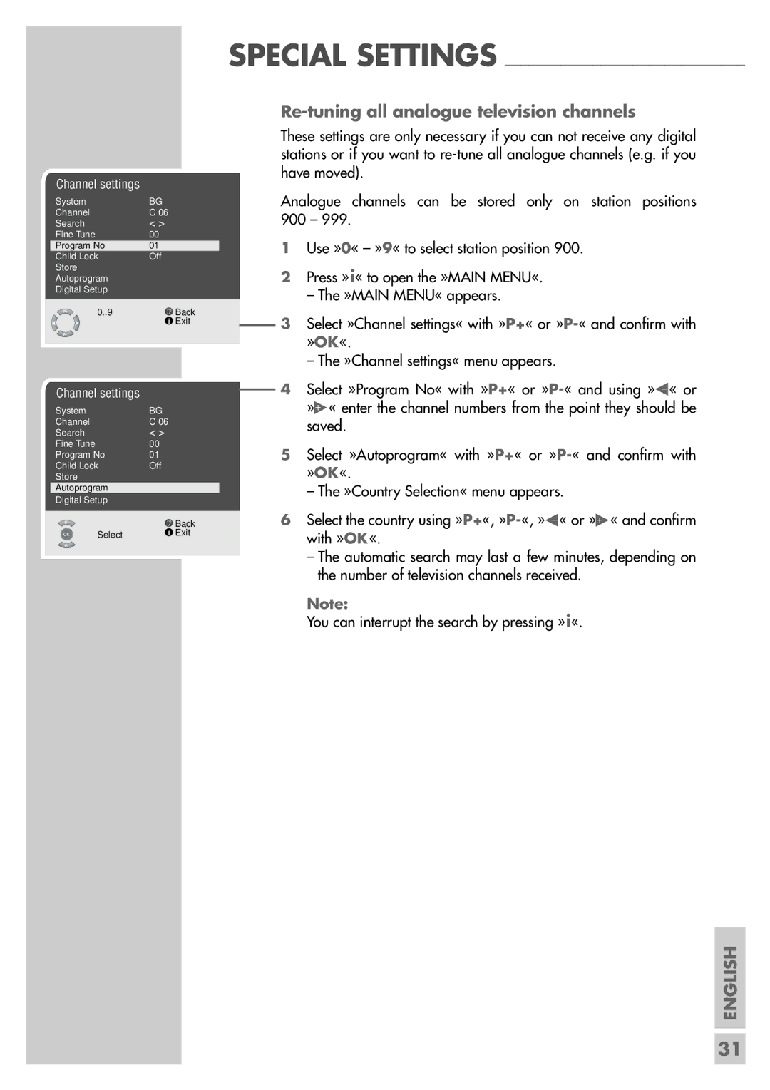 Grundig MF 72-6510/8 manual Re-tuning all analogue television channels 