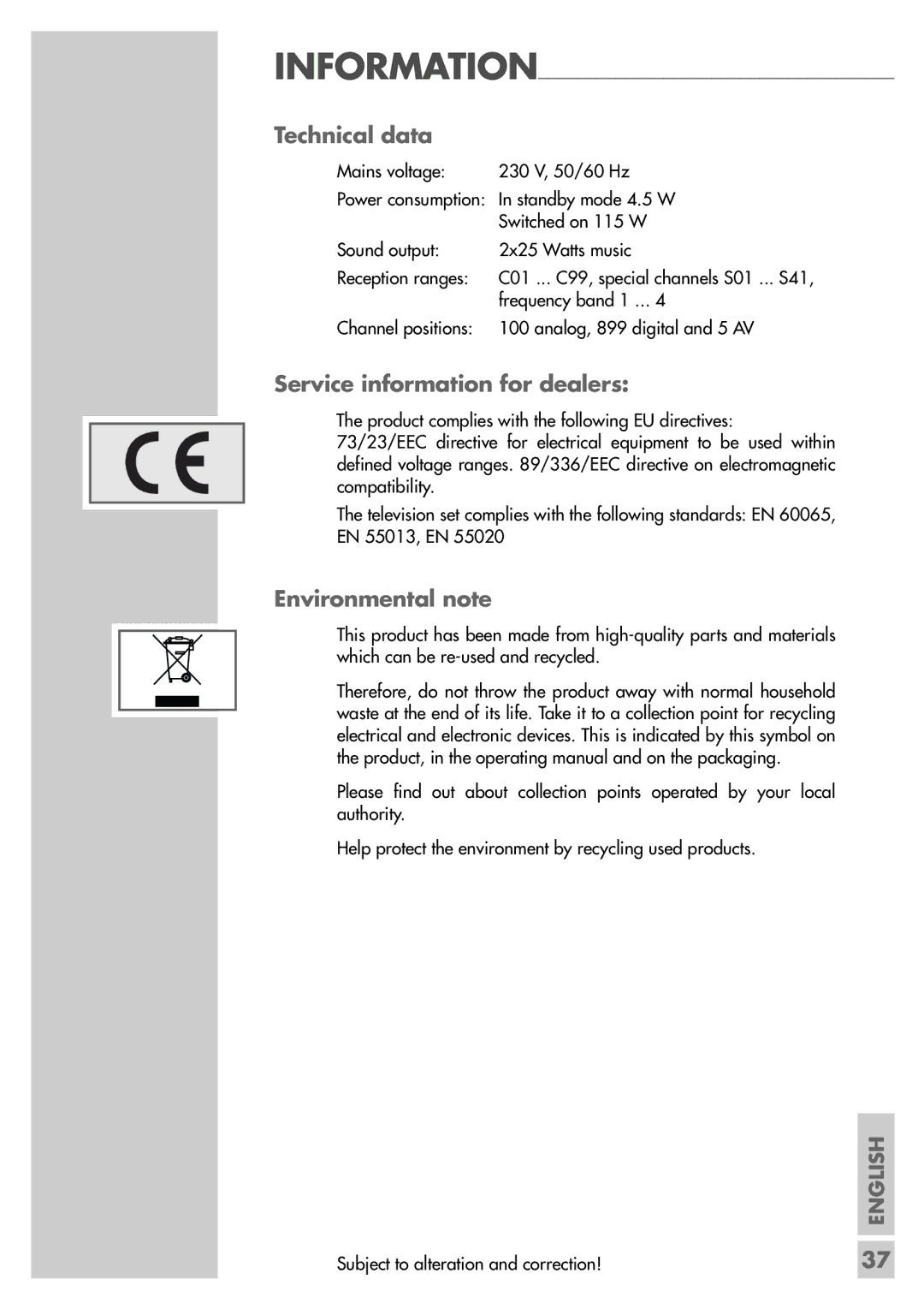 Grundig MF 72-6510/8 manual Technical data, Service information for dealers, Environmental note 