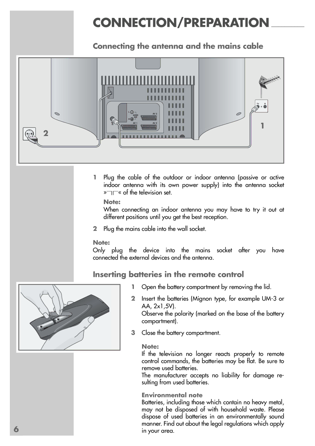 Grundig MF 72-6510/8 manual Connecting the antenna and the mains cable, Inserting batteries in the remote control 