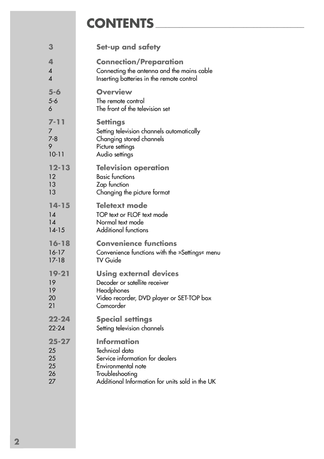 Grundig MFS 55-4601/8 manual Contents Set-up and safety Connection/Preparation, Overview, Settings, Television operation 