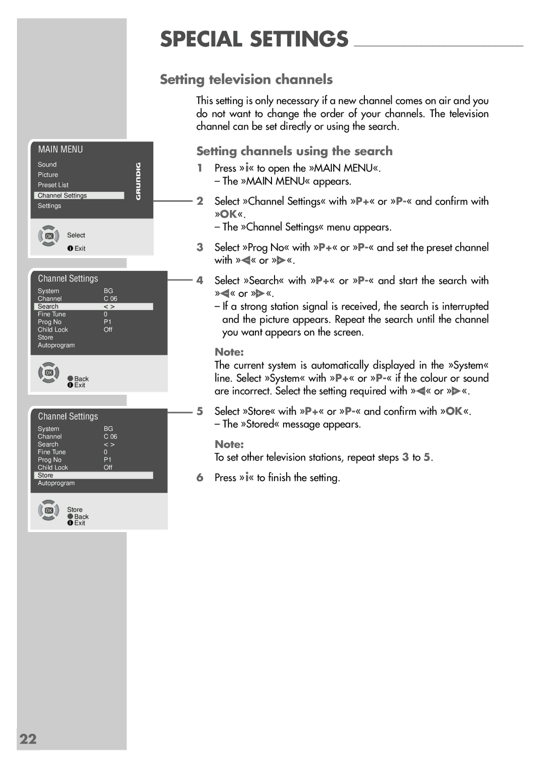 Grundig MFS 55-4601/8 manual Setting television channels, Setting channels using the search 