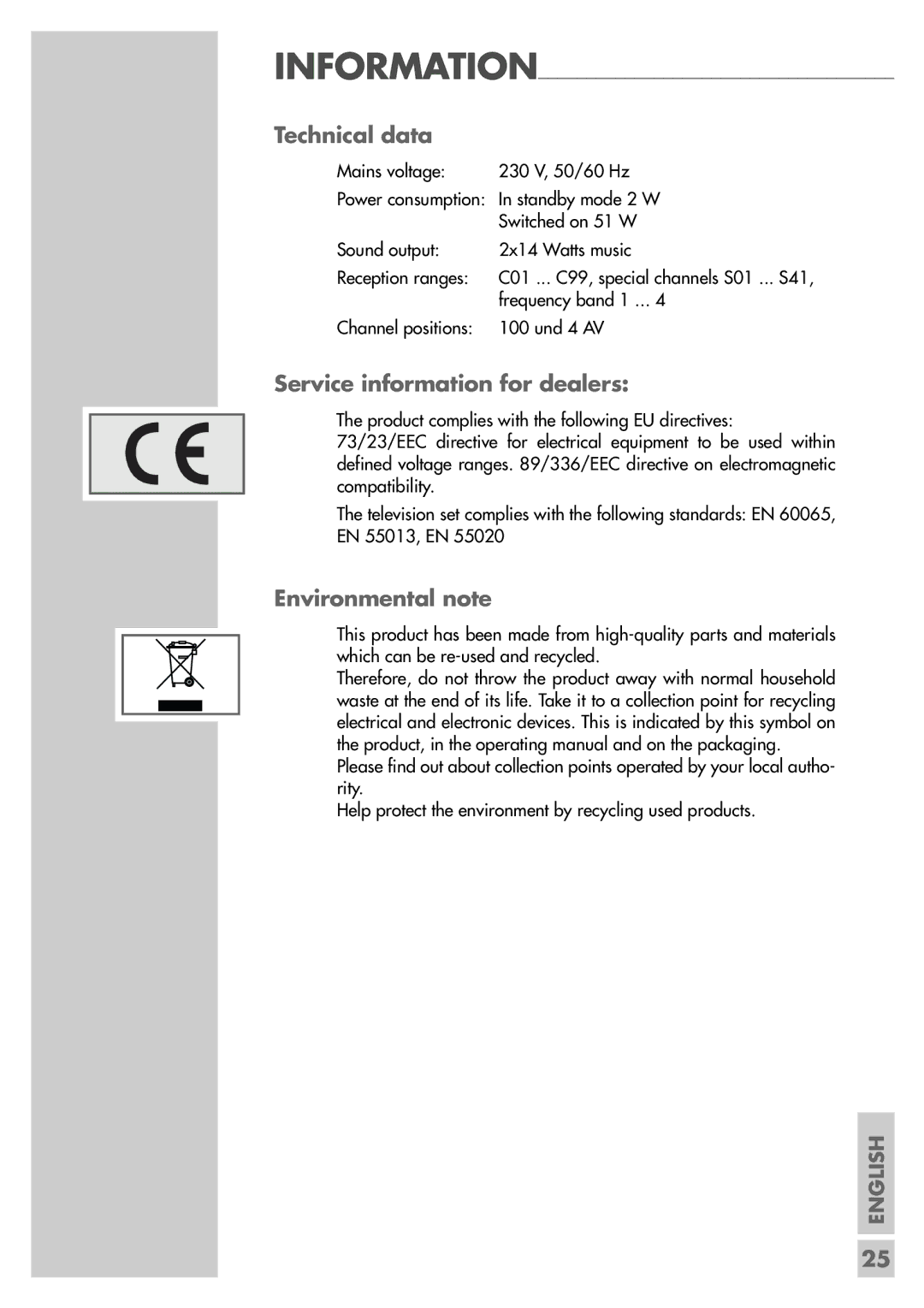 Grundig MFS 55-4601/8 manual Technical data, Service information for dealers, Environmental note 