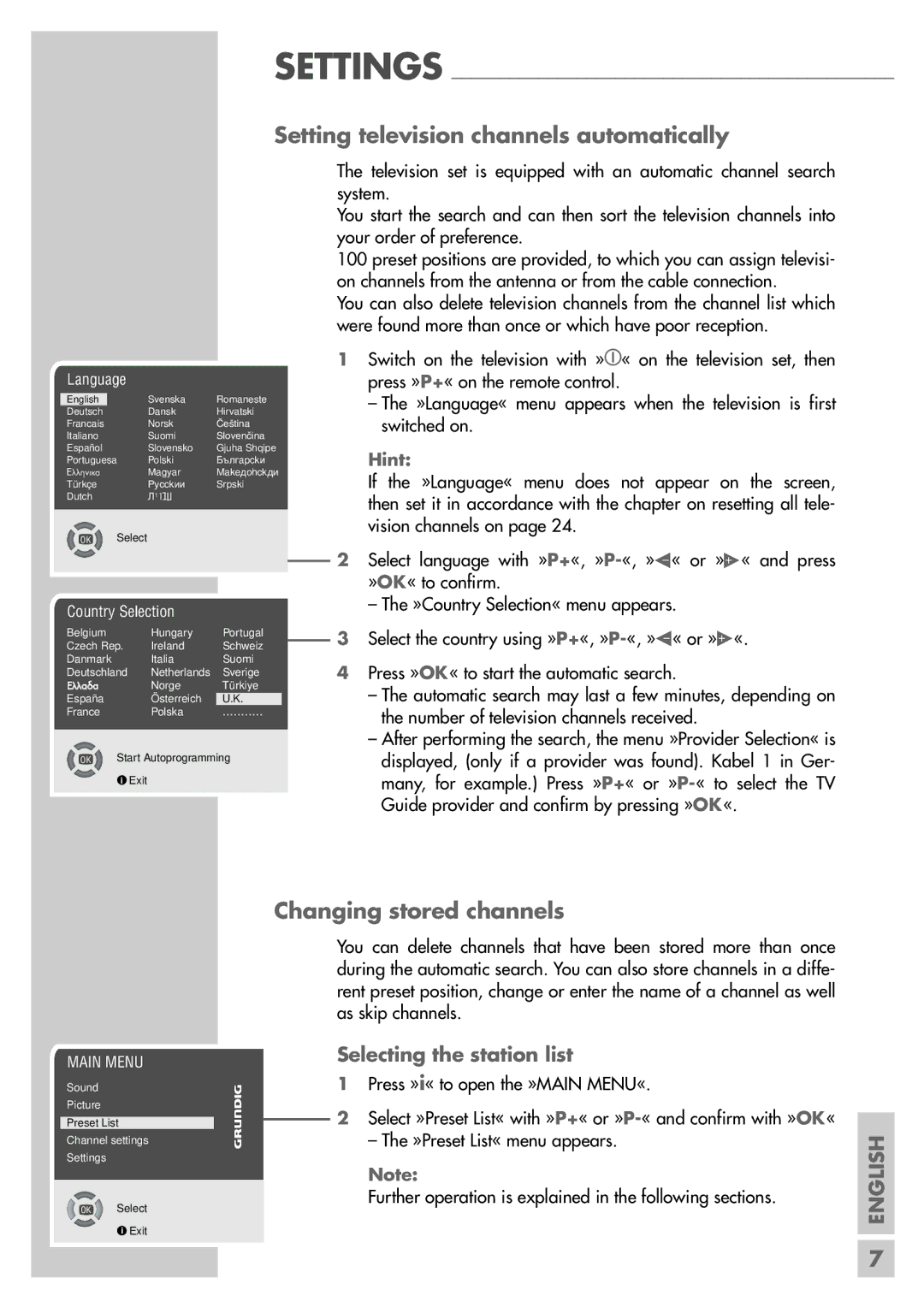 Grundig MFS 55-4601/8 Setting television channels automatically, Changing stored channels, Selecting the station list 