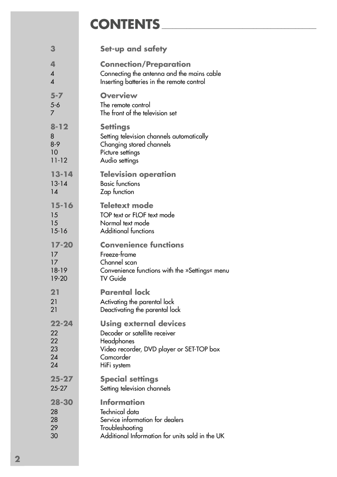 Grundig MFS 72-4610/8 TOP Contents Set-up and safety Connection/Preparation, Overview, Settings, Television operation 