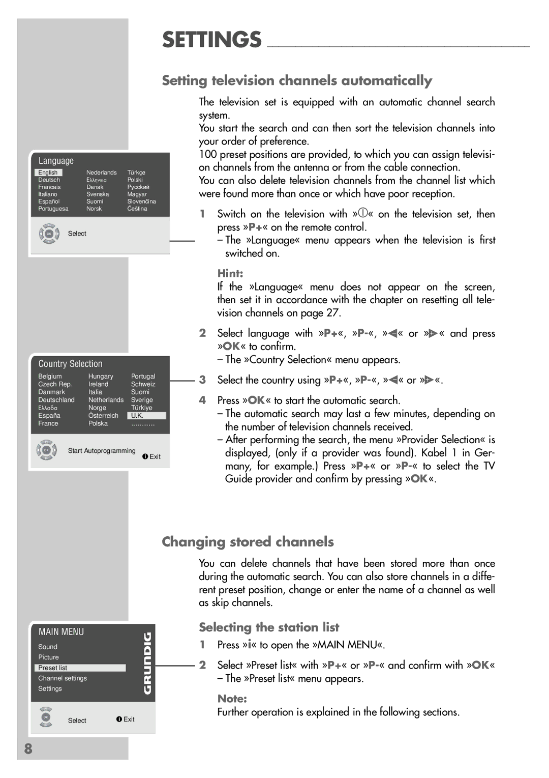 Grundig MFS 72-4610/8 TOP Setting television channels automatically, Changing stored channels, Selecting the station list 