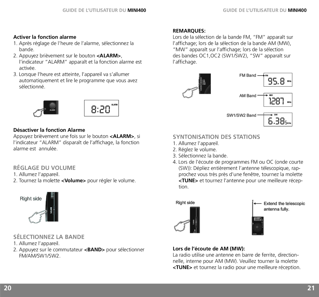 Grundig MINI400 owner manual Réglage DU Volume, Sélectionnez LA Bande, Syntonisation DES Stations, Remarques 