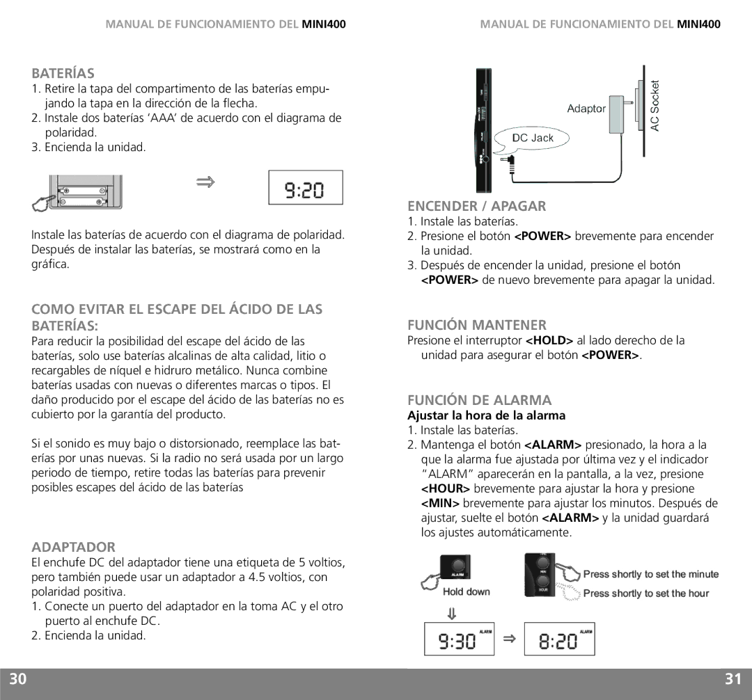 Grundig MINI400 Como Evitar EL Escape DEL Ácido DE LAS Baterías, Adaptador, Encender / Apagar, Función Mantener 