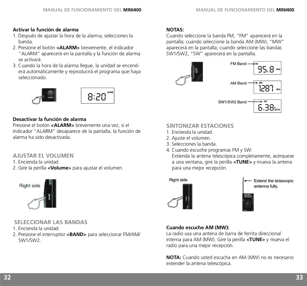 Grundig MINI400 owner manual Ajustar EL Volumen, Seleccionar LAS Bandas, Sintonizar Estaciones, Notas 