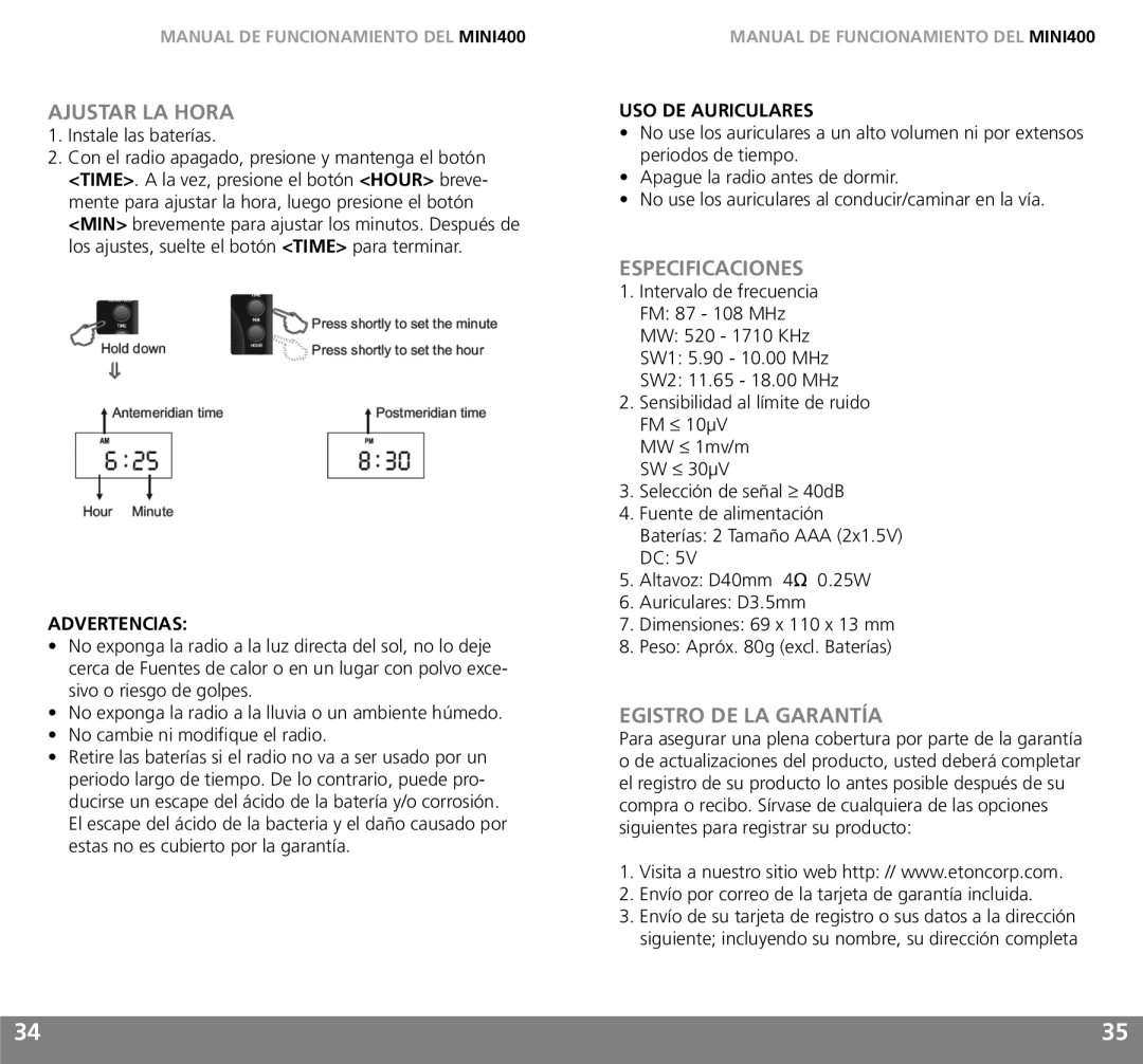 Grundig MINI400 owner manual Ajustar LA Hora, Especificaciones, Egistro DE LA Garantía, Advertencias, USO DE Auriculares 