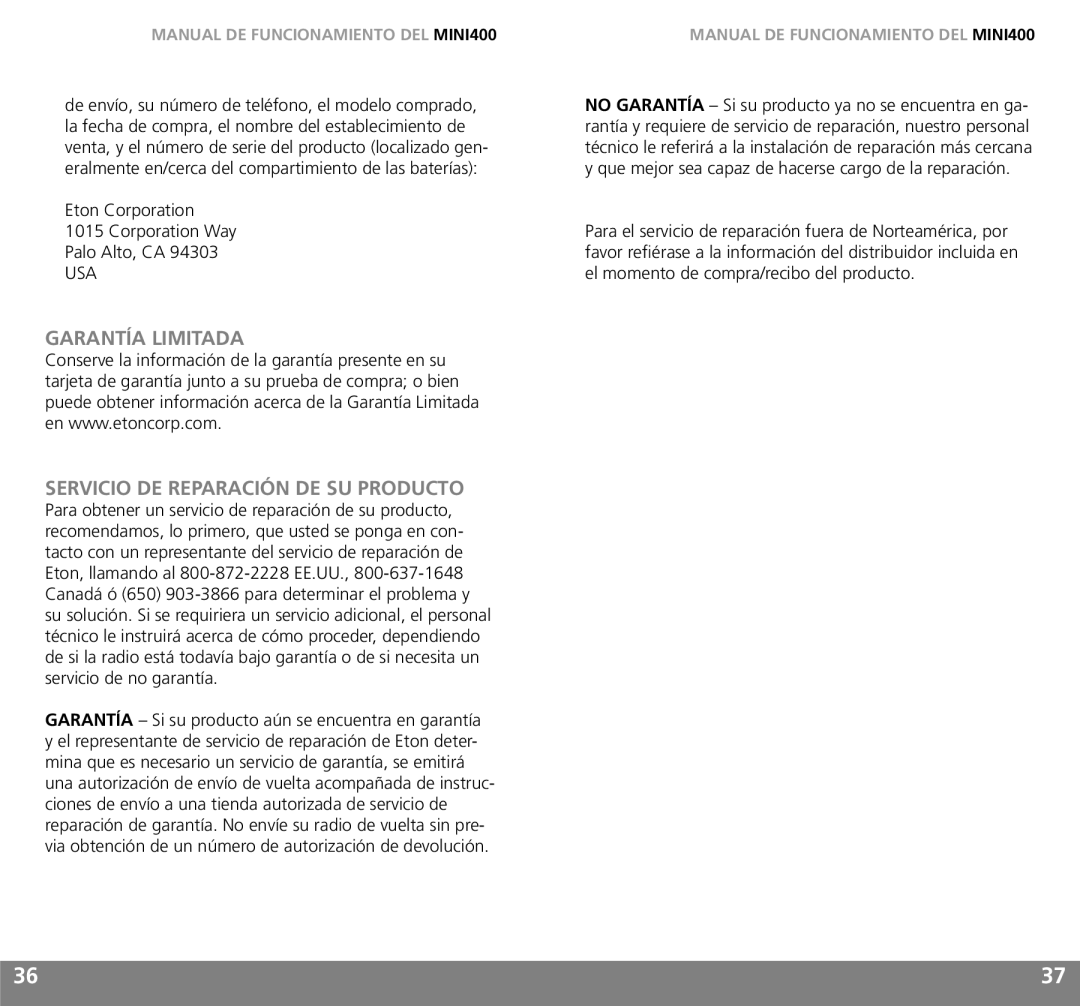 Grundig MINI400 owner manual Garantía Limitada Servicio DE Reparación DE SU Producto 