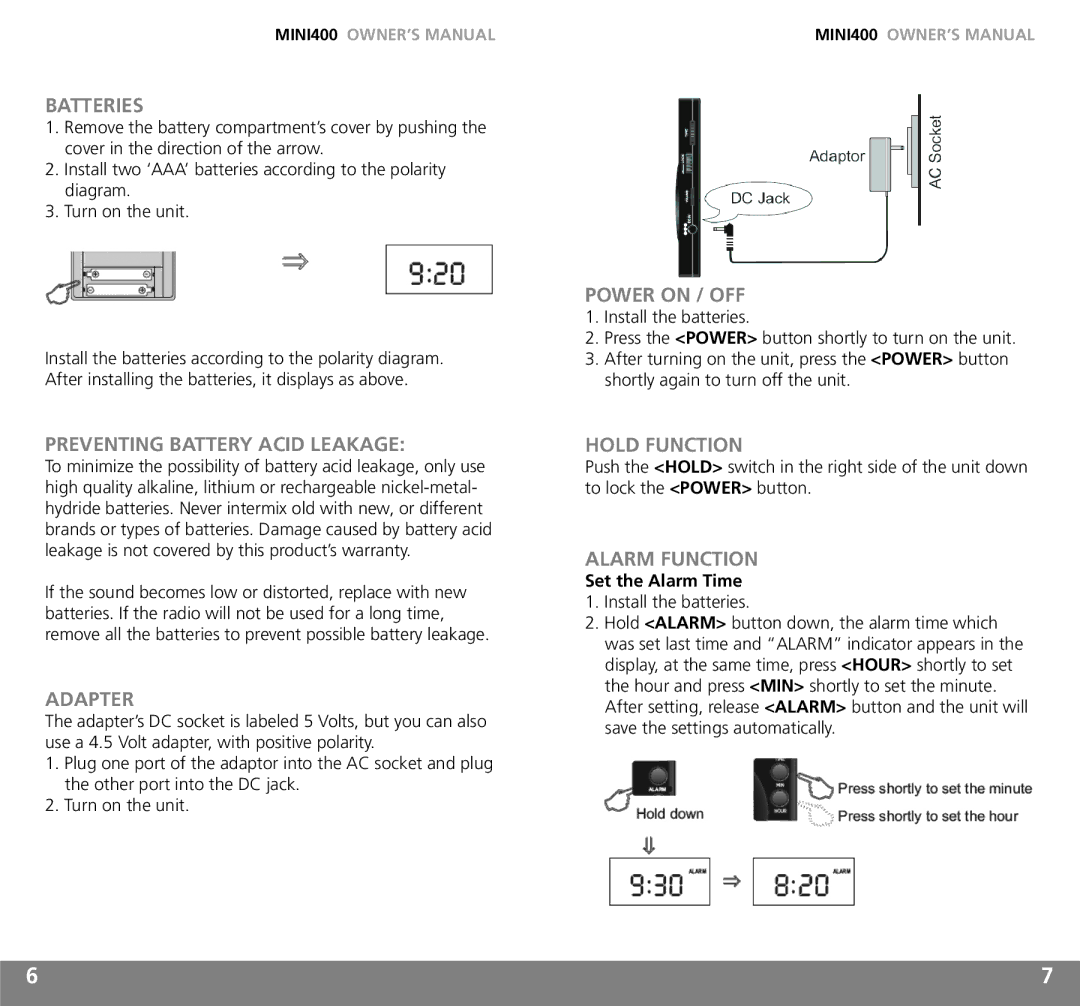 Grundig MINI400 Batteries, Preventing Battery Acid Leakage, Adapter, Power on / OFF, Hold Function, Alarm Function 