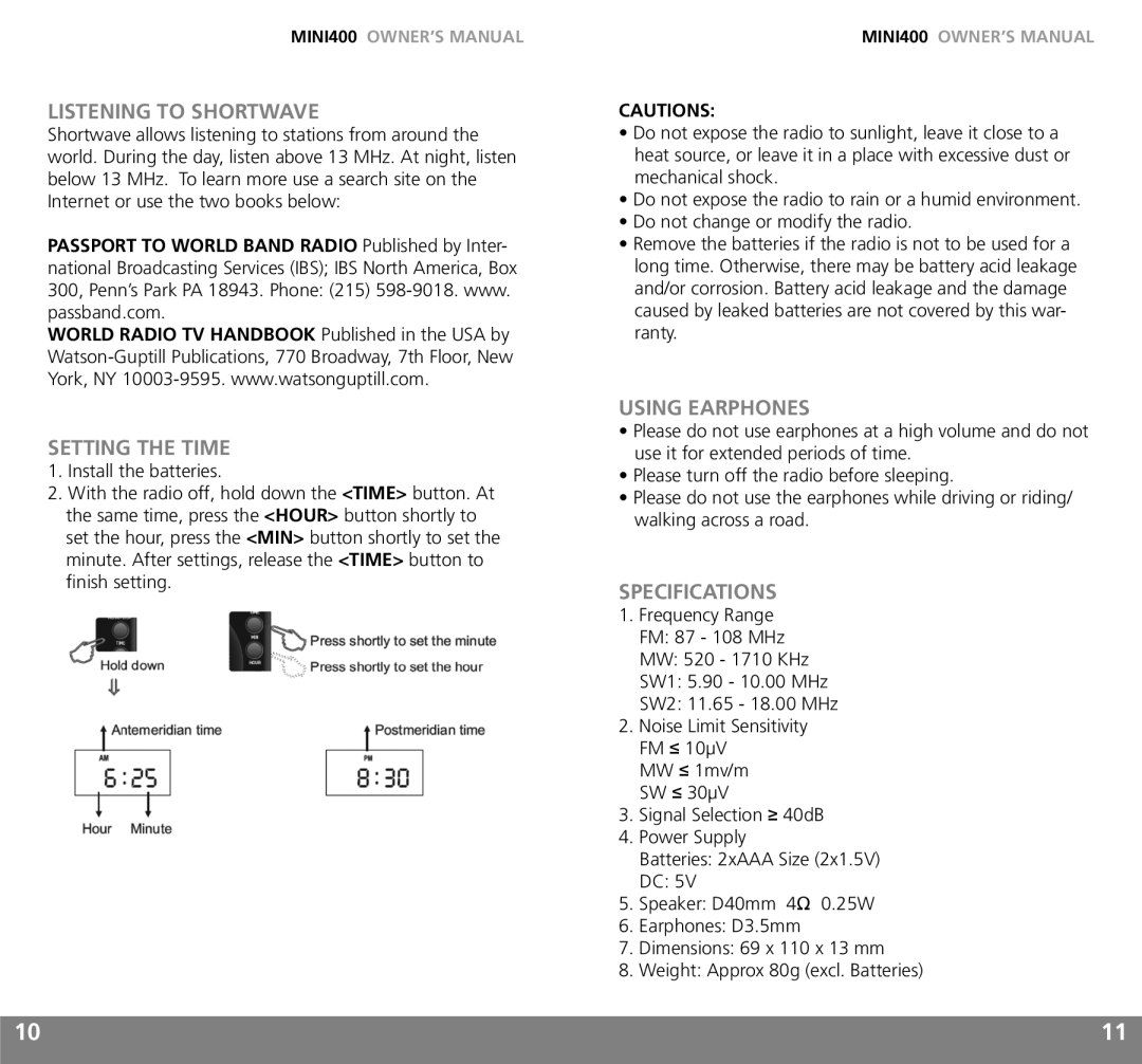 Grundig MINI400 owner manual Listening to Shortwave, Setting the Time, Using Earphones, Specifications 