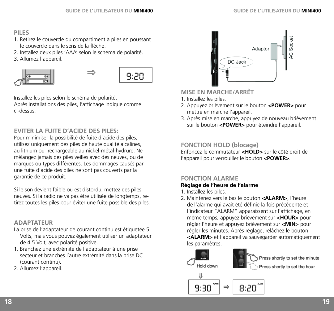 Grundig MINI400 owner manual Eviter La Fuite D’Acide Des Piles, Adaptateur, Mise En Marche/Arrêt, FONCTION HOLD blocage 