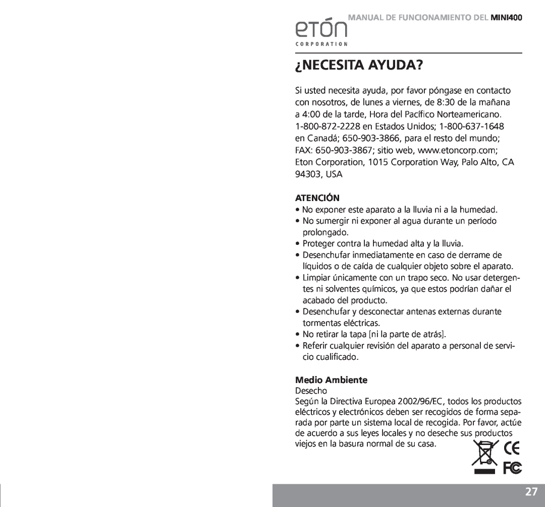 Grundig owner manual ¿Necesita Ayuda?, Atención, Medio Ambiente, Manual de funcionamiento del MINI400 