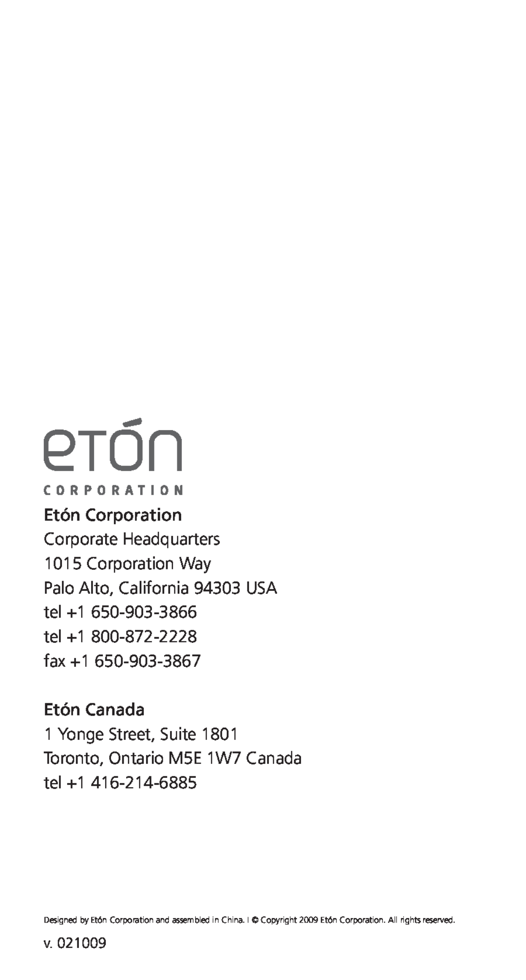 Grundig MINI400 owner manual Etón Corporation Corporate Headquarters 1015 Corporation Way, Etón Canada 
