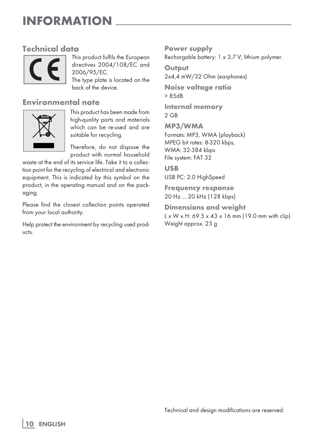 Grundig MPaxx 928 Hydrox manual Technical data, Environmental note 