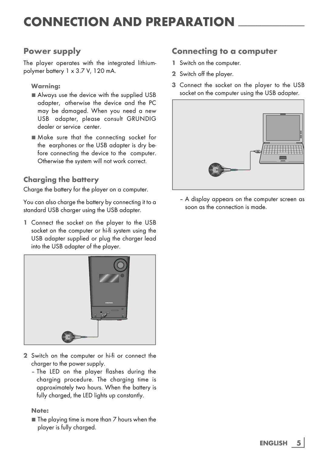 Grundig MPaxx 928 Hydrox manual Power supply, Connecting to a computer 