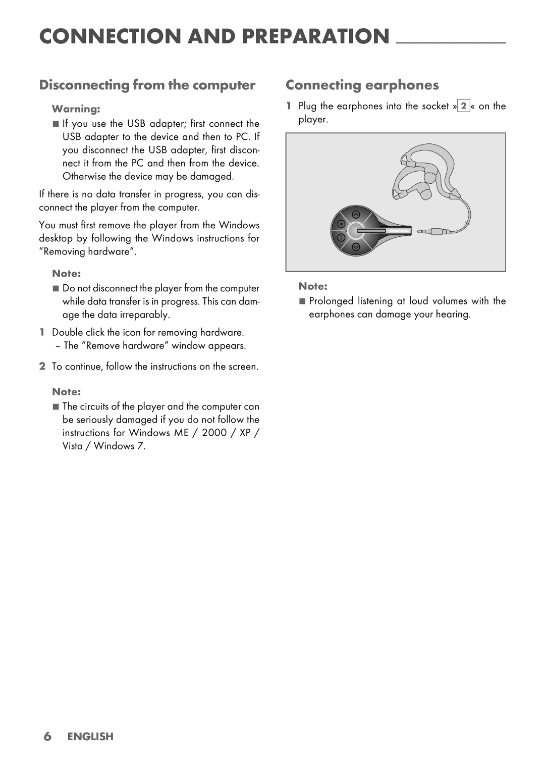 Grundig MPaxx 928 Hydrox manual Disconnecting from the computer, Connecting earphones 