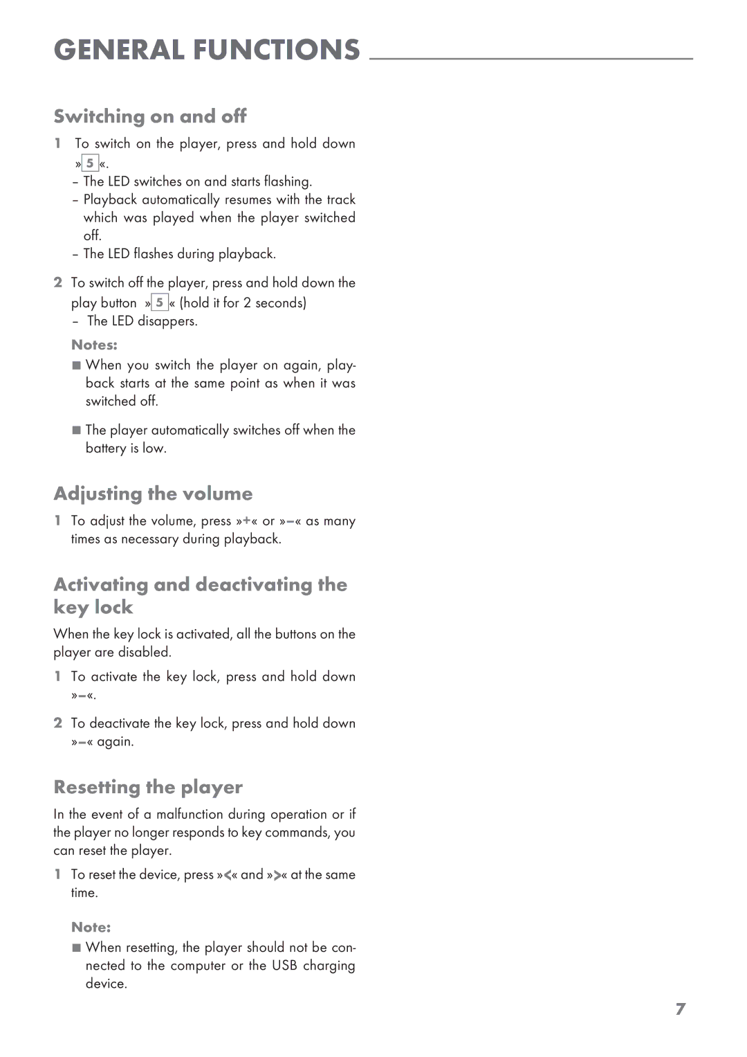 Grundig MPaxx 928 Hydrox manual Switching on and off, Adjusting the volume, Activating and deactivating the key lock 