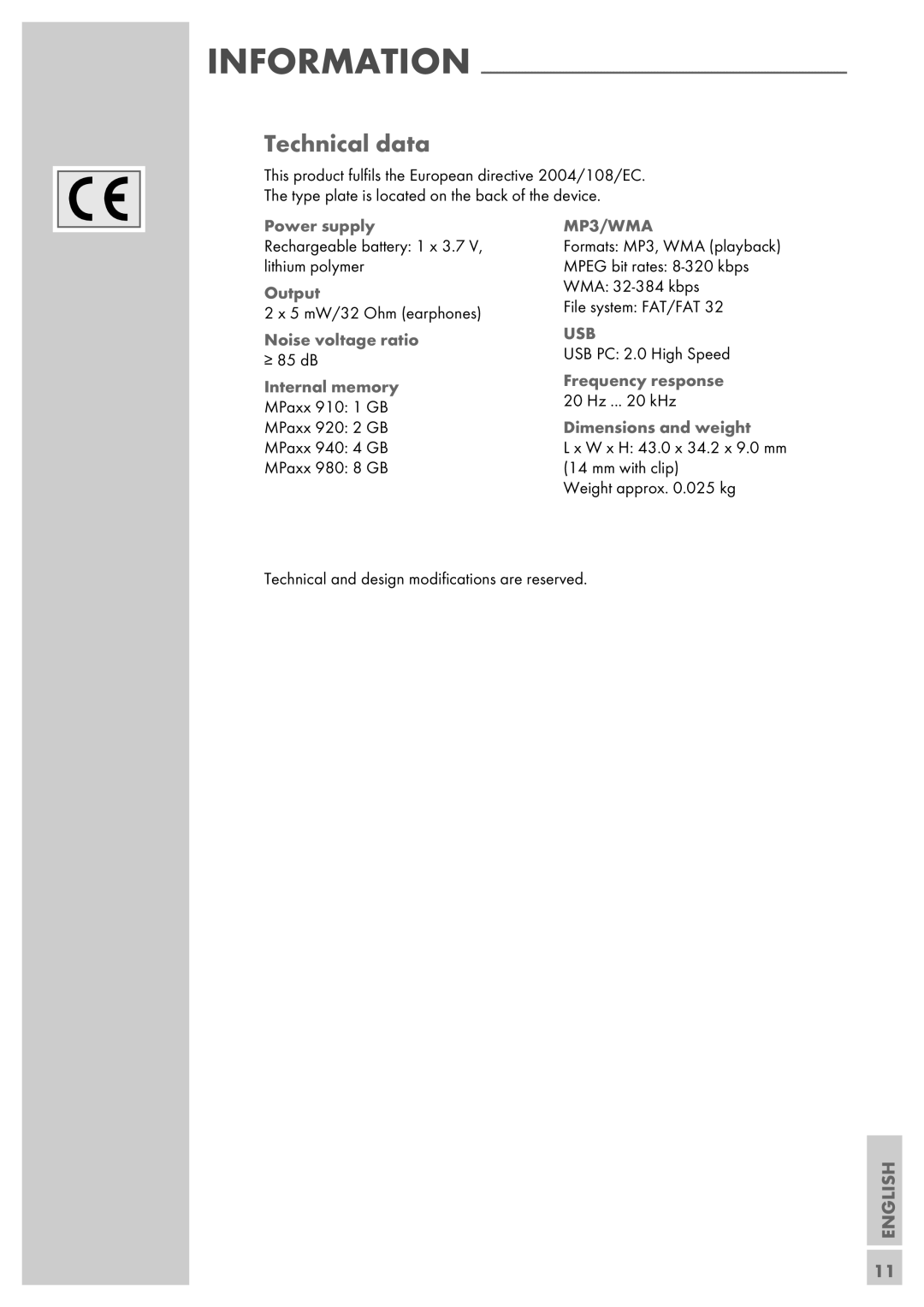 Grundig MPaxx 940, MPaxx 980, MPaxx 920, MPaxx 910, MPaxx 900 series manual Technical data, Usb 