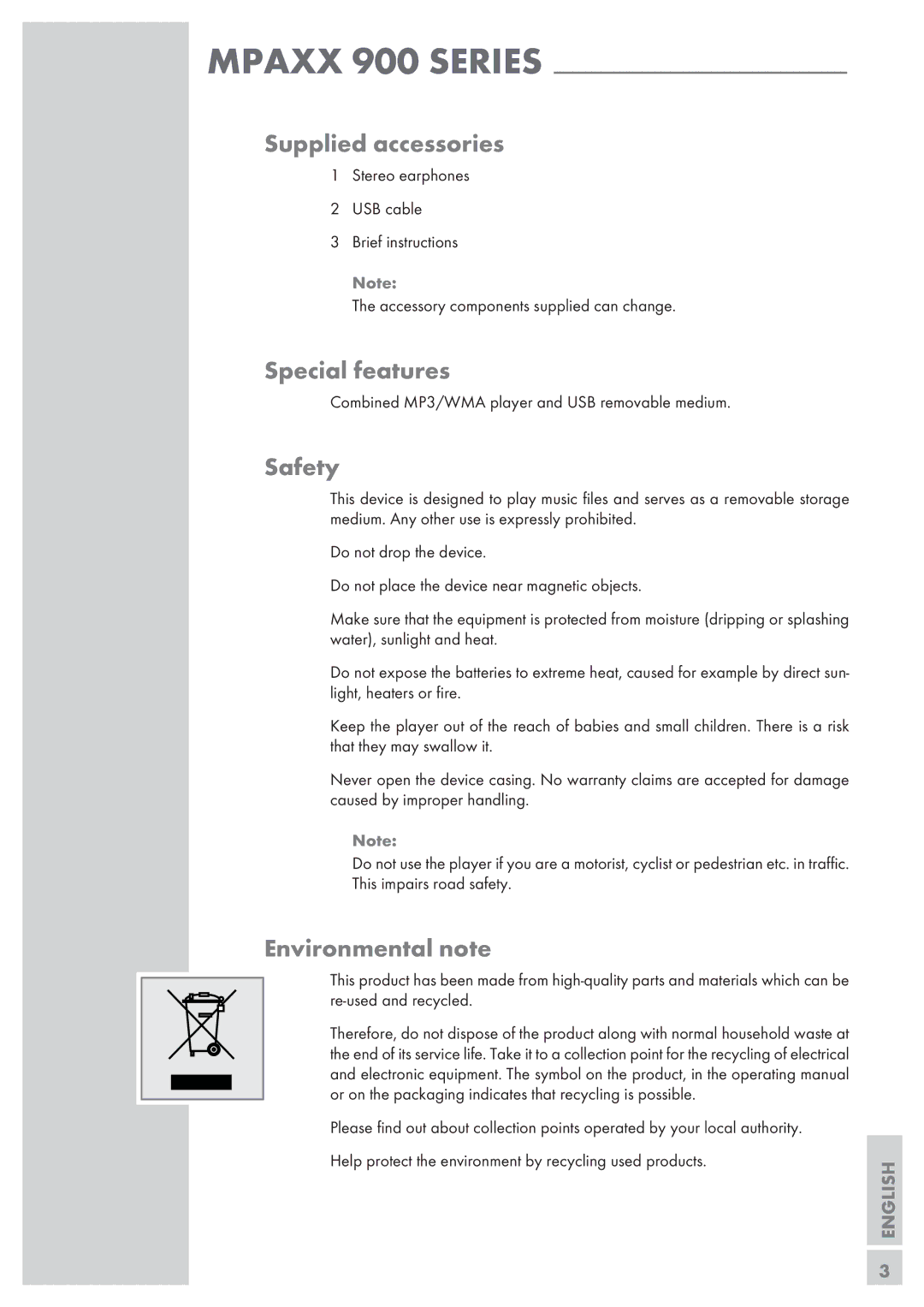 Grundig MPaxx 910, MPaxx 980, MPaxx 940, MPaxx 920 manual Supplied accessories, Special features, Safety, Environmental note 