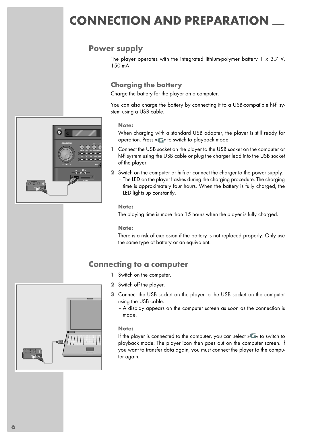 Grundig MPaxx 940, MPaxx 980, MPaxx 920, MPaxx 910, MPaxx 900 series manual Power supply, Connecting to a computer 