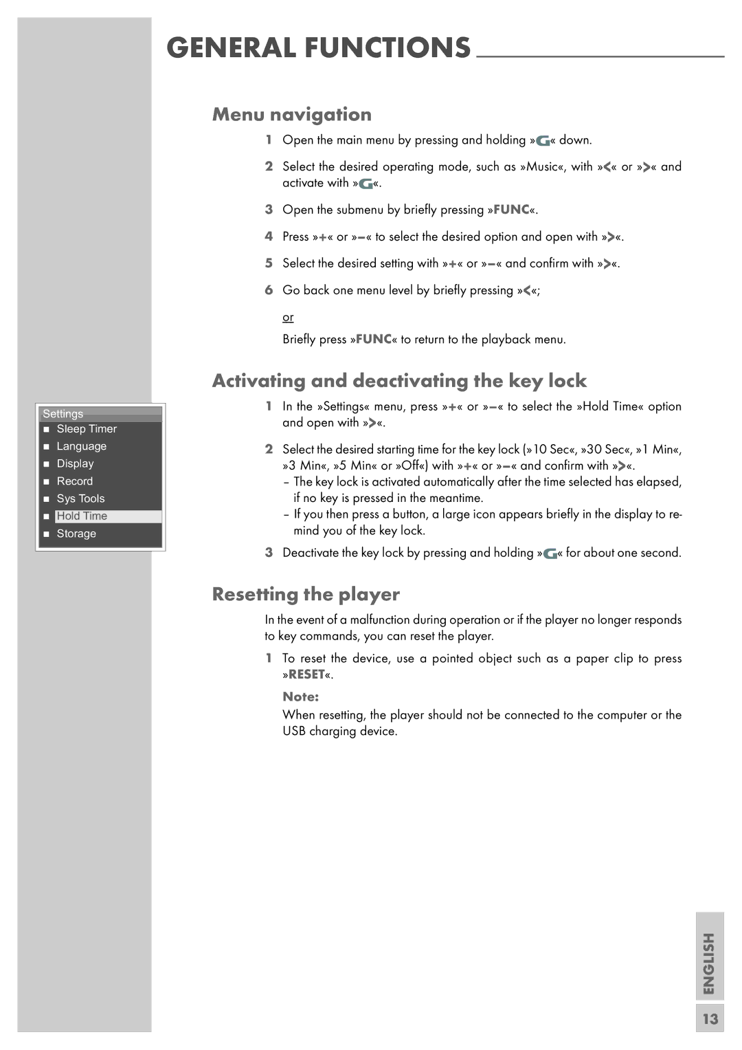 Grundig MPIXX 1000, MPIXX 1400, MPIXX 1100 Menu navigation, Activating and deactivating the key lock, Resetting the player 