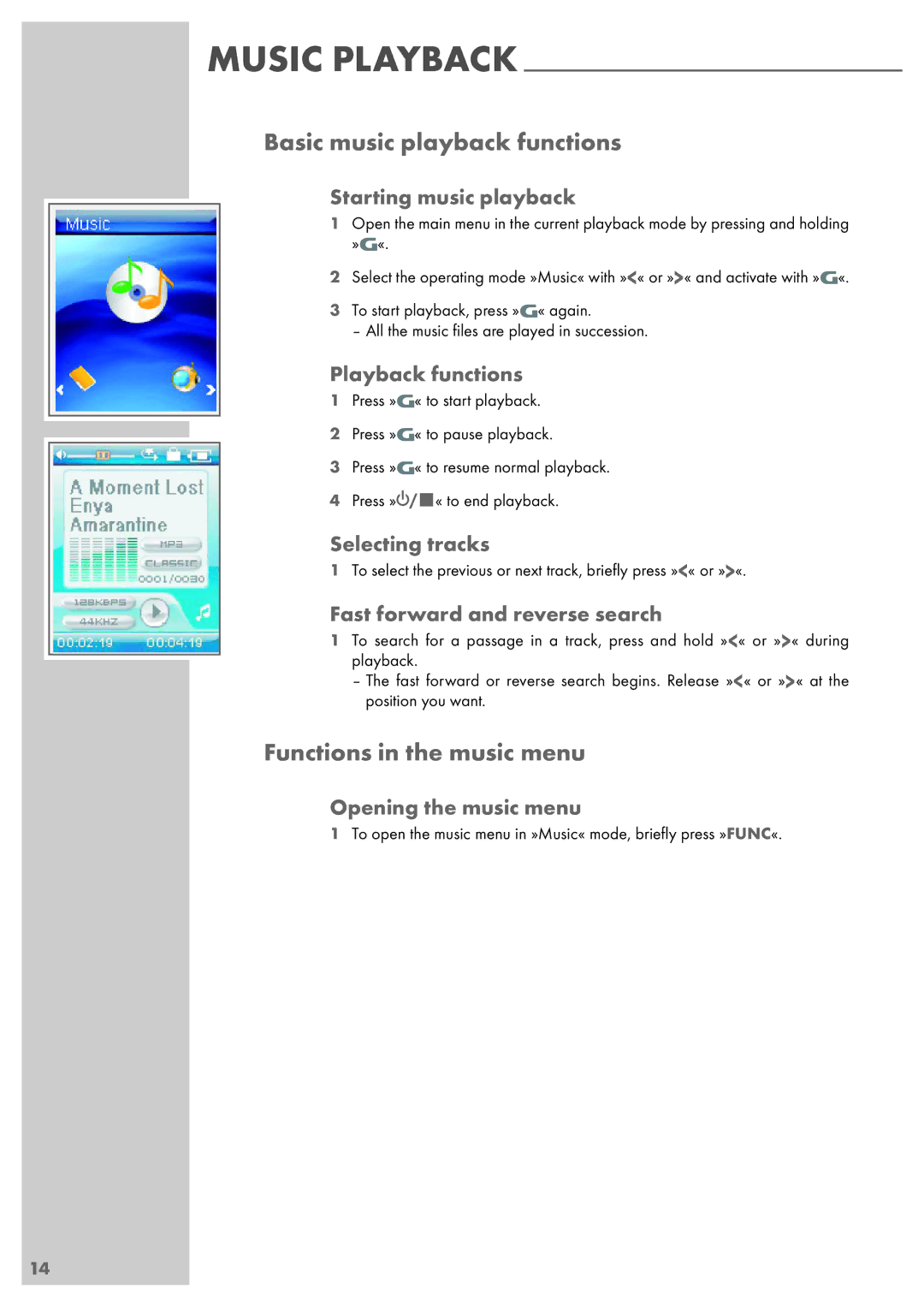 Grundig MPIXX 1100, MPIXX 1400, MPIXX 1000, MPIXX 1200 manual Basic music playback functions, Functions in the music menu 