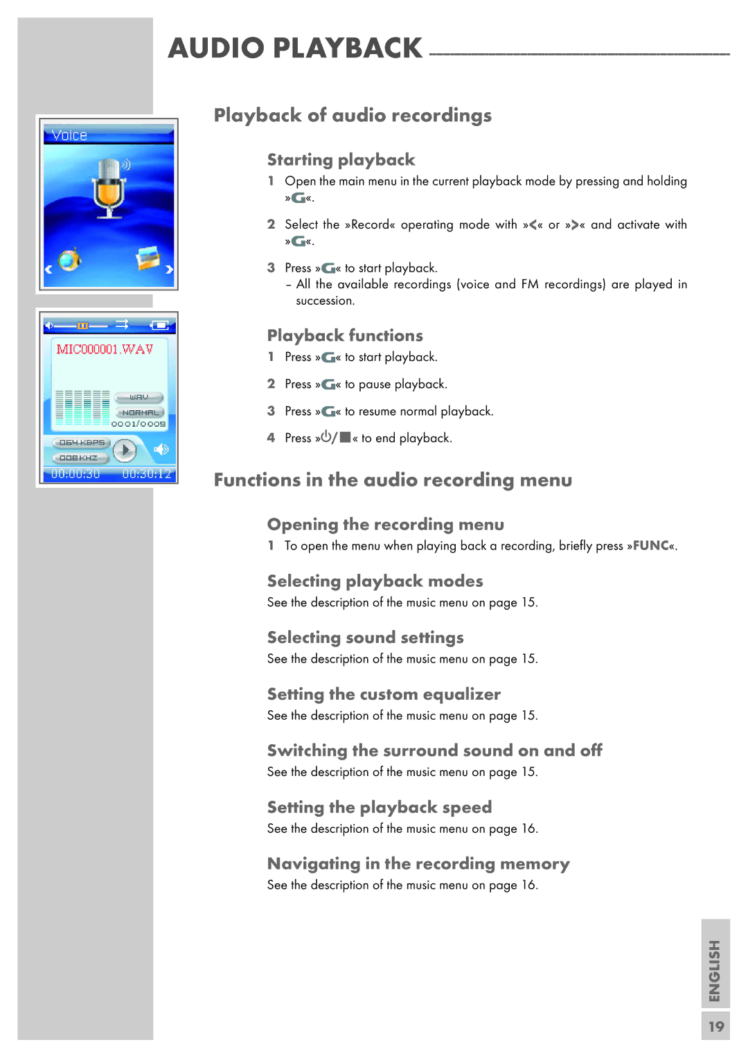 Grundig MPIXX 1200, MPIXX 1400 manual Playback of audio recordings, Functions in the audio recording menu, Starting playback 