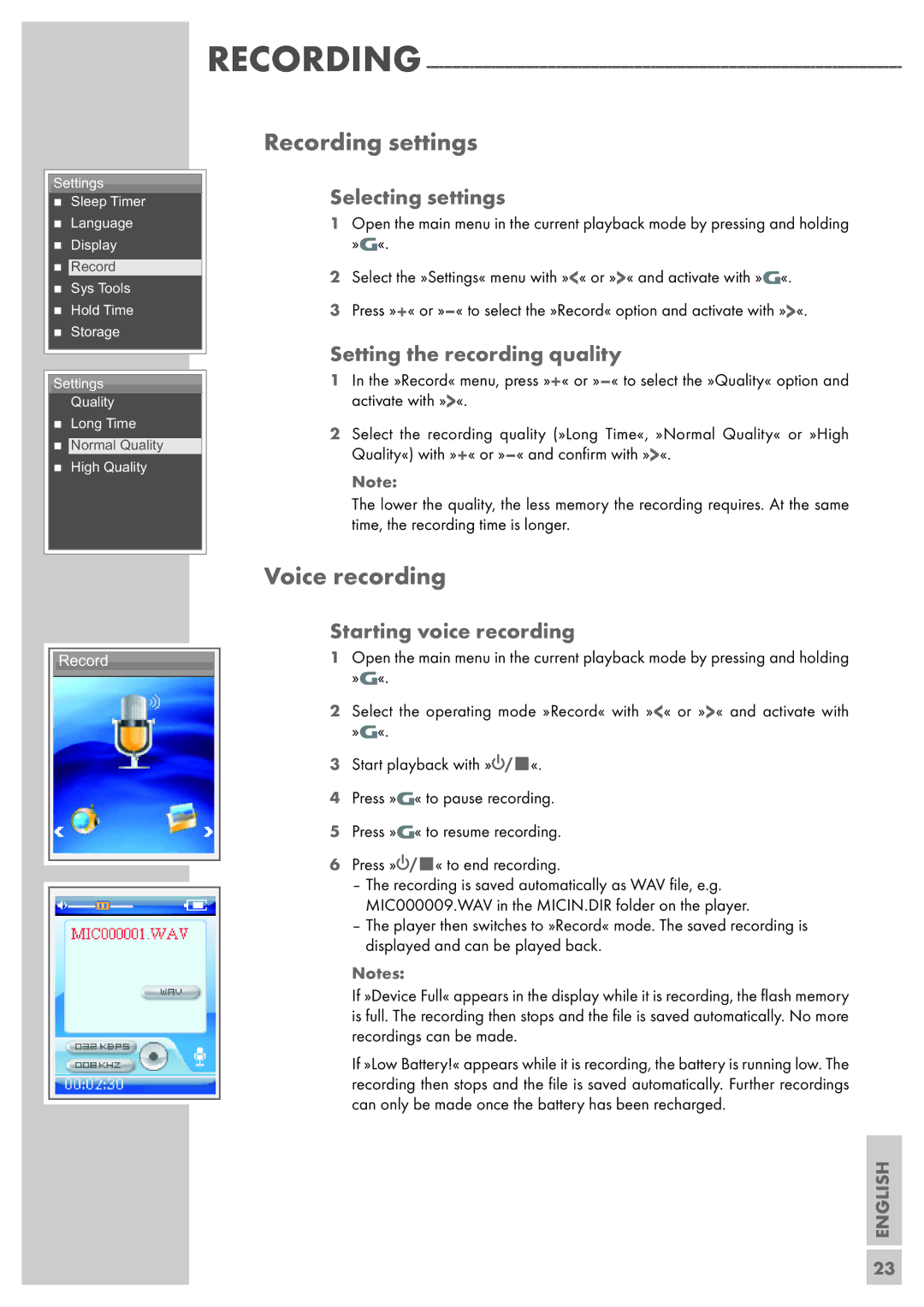 Grundig MPIXX 1200, MPIXX 1400 manual Recording settings, Voice recording, Selecting settings, Setting the recording quality 