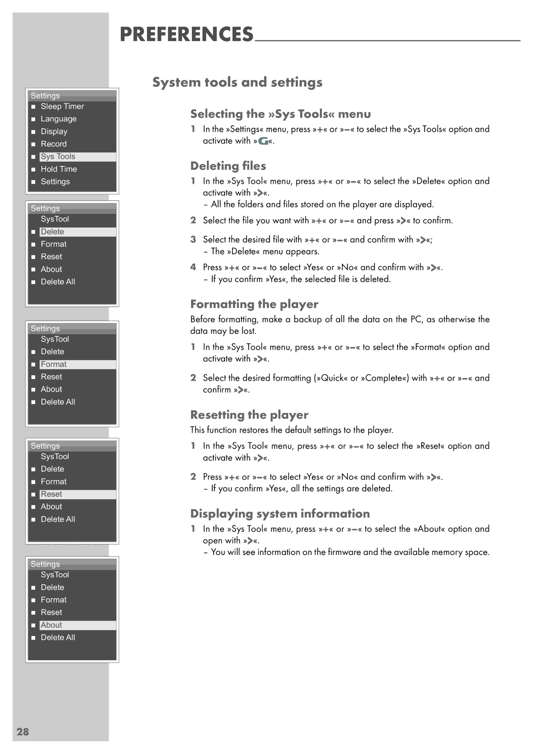 Grundig MPIXX 1400, MPIXX 1000, MPIXX 1100, MPIXX 1200 manual System tools and settings 