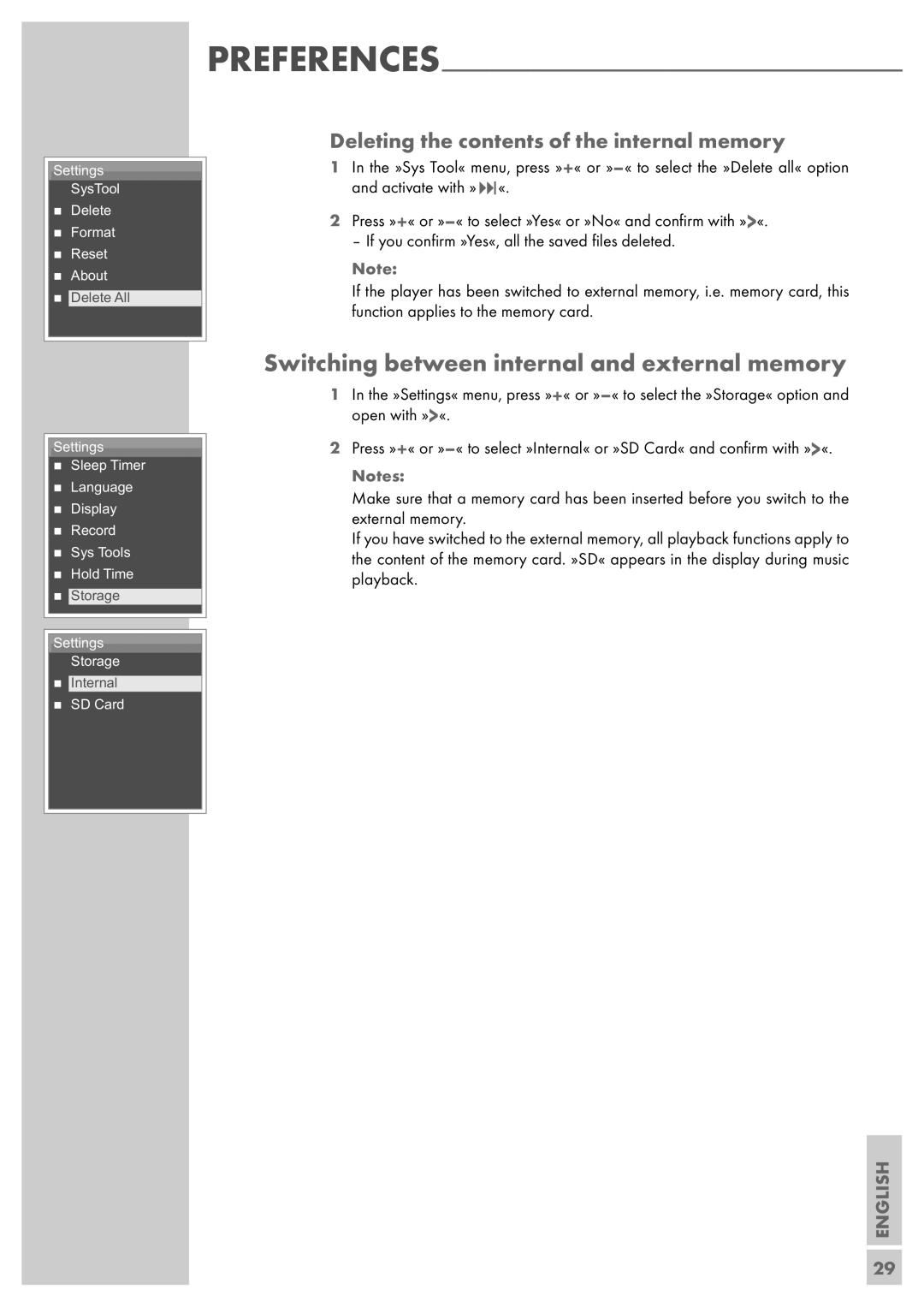 Grundig MPIXX 1000 manual Switching between internal and external memory, Deleting the contents of the internal memory 