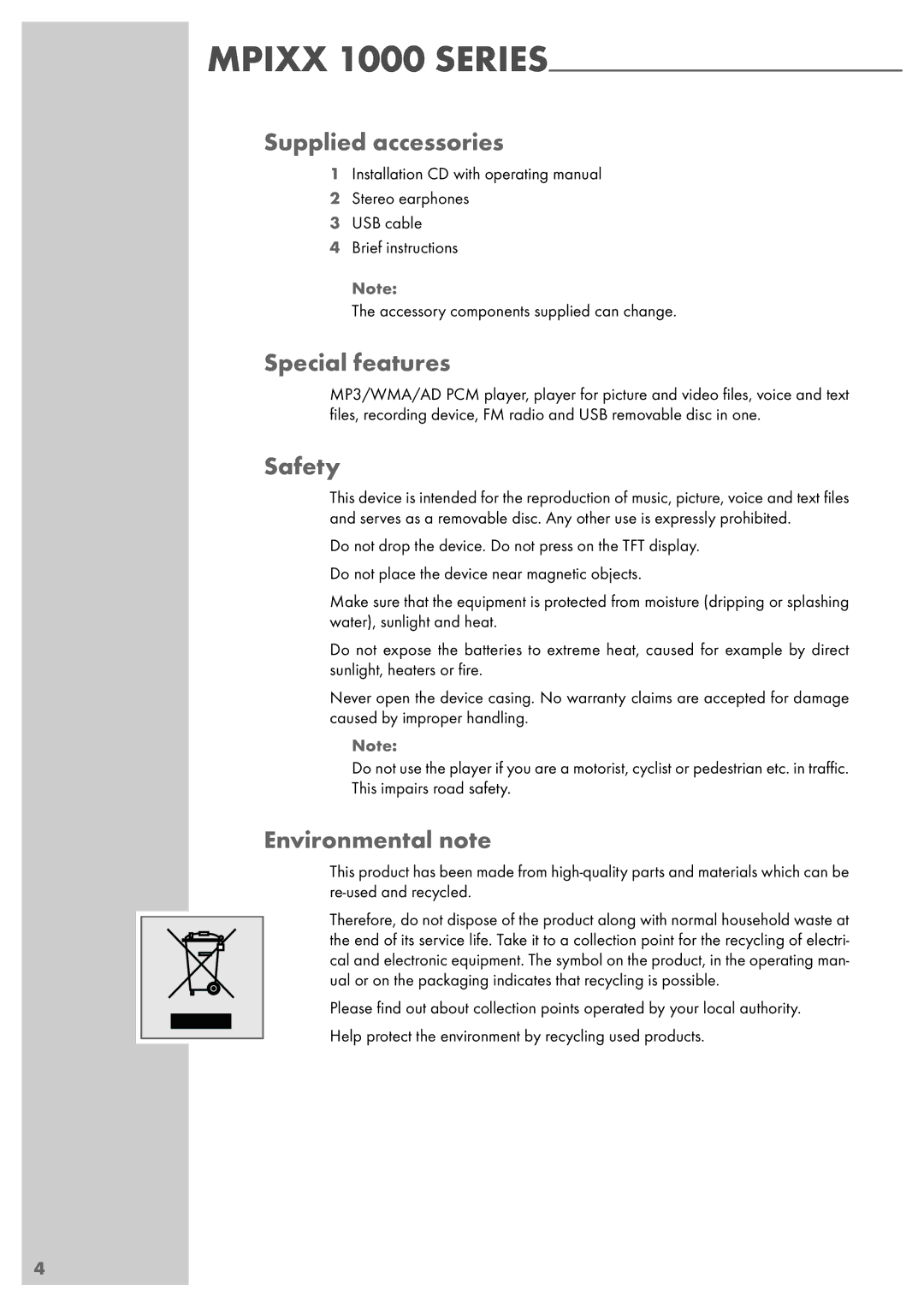 Grundig MPIXX 1400, MPIXX 1000, MPIXX 1100, MPIXX 1200 Supplied accessories, Special features, Safety, Environmental note 