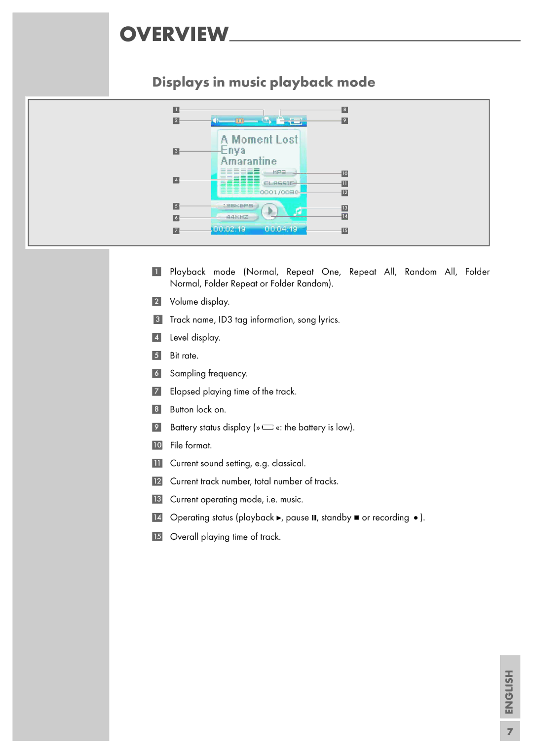 Grundig MPIXX 1200, MPIXX 1400, MPIXX 1000, MPIXX 1100 manual Displays in music playback mode 