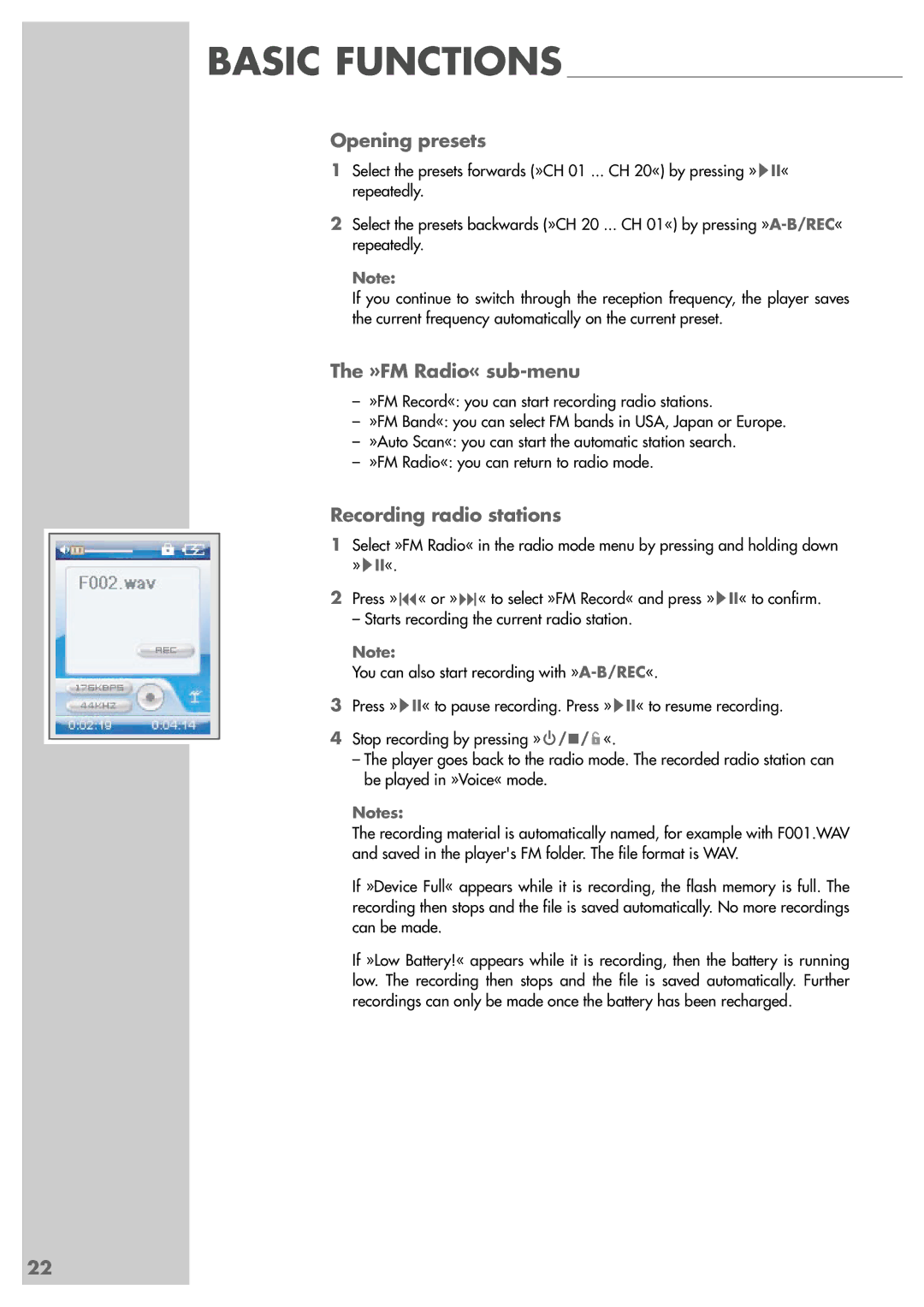 Grundig MPixx 2001 FM/1GB, MPixx 2002 FM/2GB manual Opening presets, »FM Radio« sub-menu, Recording radio stations 