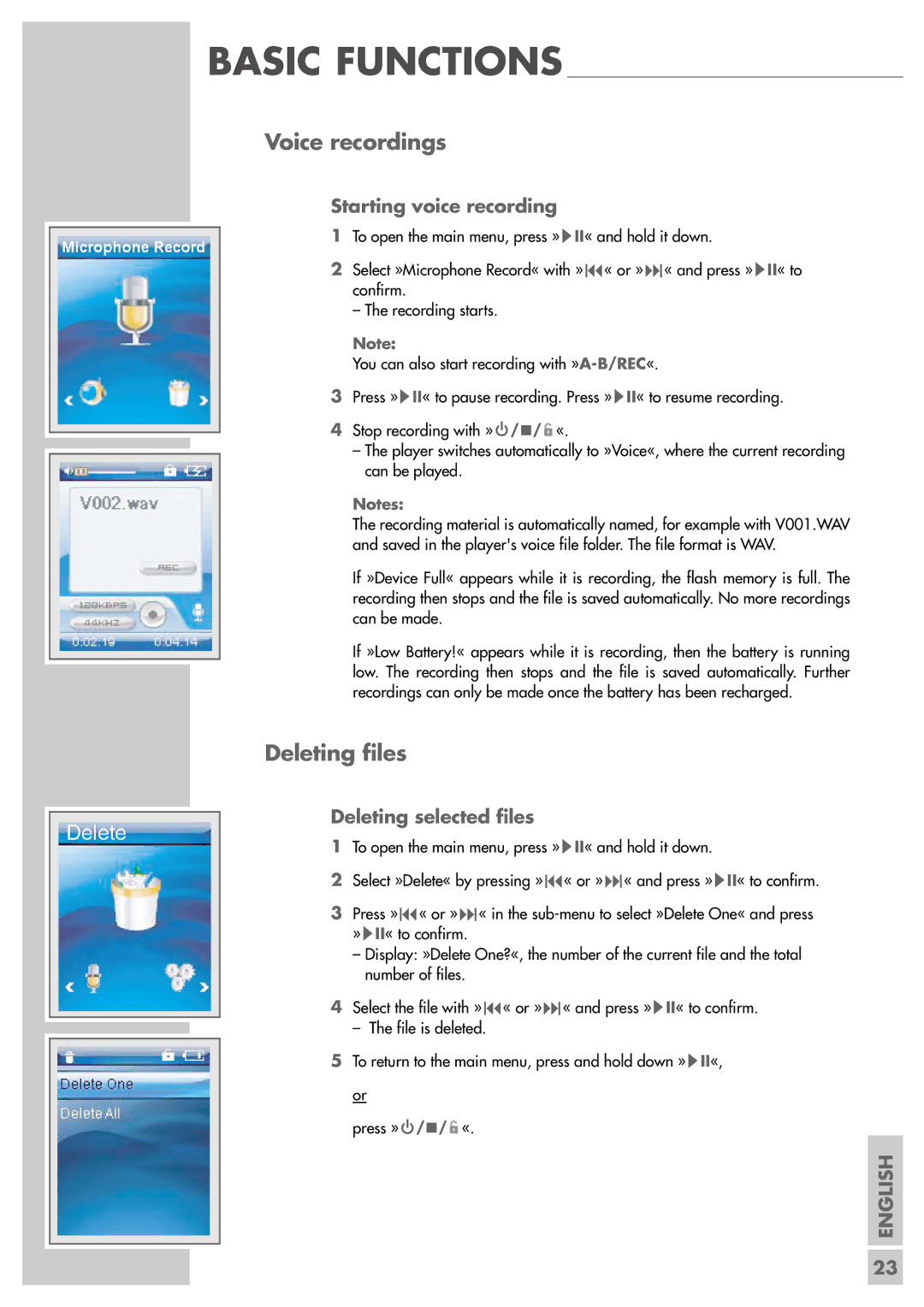 Grundig MPixx 2002 FM/2GB manual Voice recordings, Deleting files, Starting voice recording, Deleting selected files 