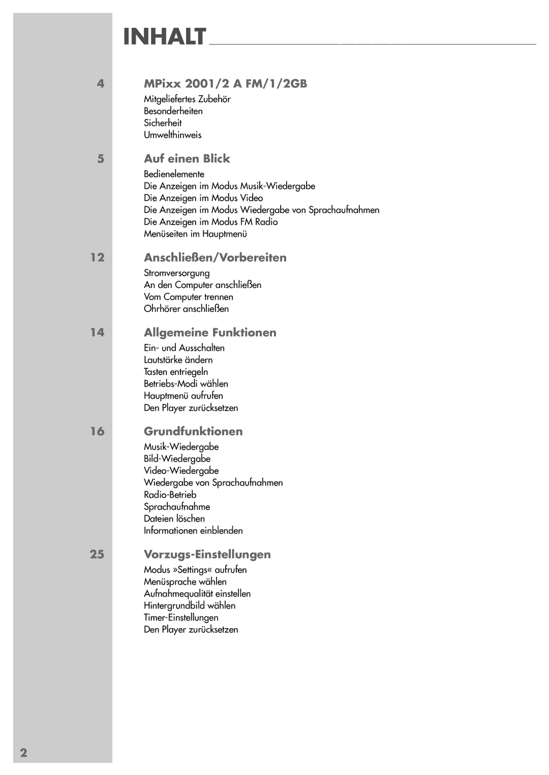 Grundig manual MPixx 2001/2 a FM/1/2GB, Auf einen Blick, Anschließen/Vorbereiten, Allgemeine Funktionen, Grundfunktionen 