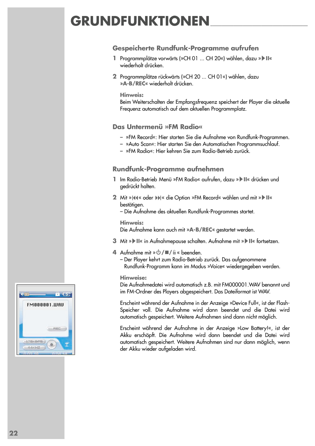 Grundig MPixx 2001 manual Gespeicherte Rundfunk-Programme aufrufen, Das Untermenü »FM Radio«, Rundfunk-Programme aufnehmen 