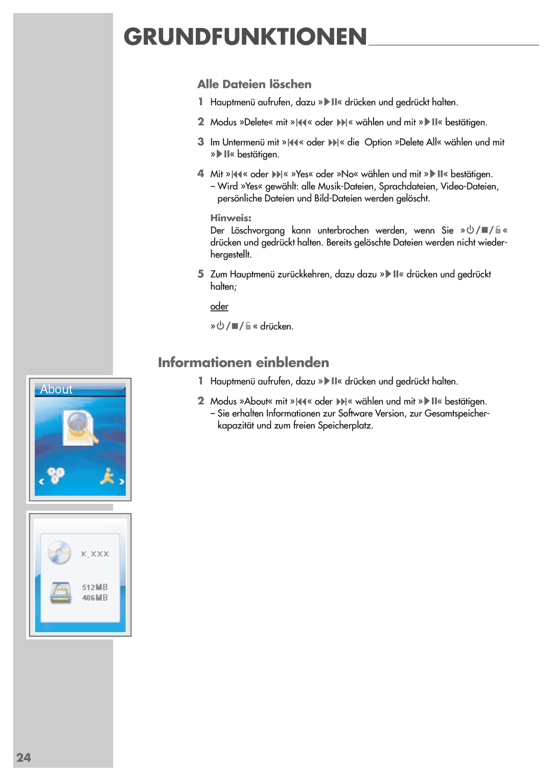 Grundig MPixx 2001, MPixx 2002 manual Informationen einblenden, Alle Dateien löschen 
