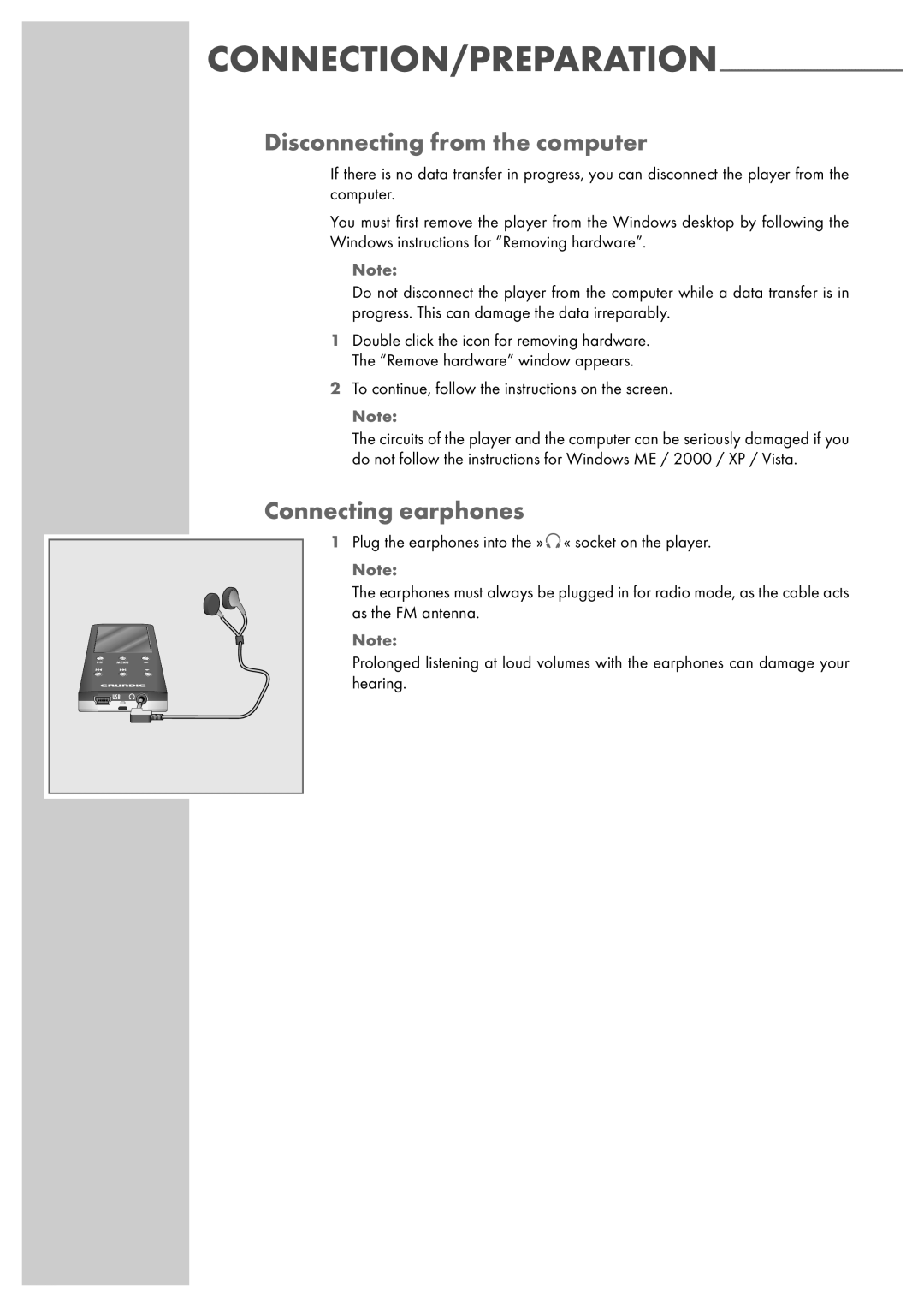 Grundig MPixx 2400, MPixx 2200, MPixx 2000 series manual Disconnecting from the computer, Connecting earphones 