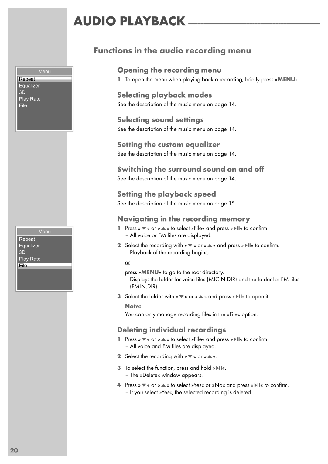 Grundig MPixx 2000 series, MPixx 2200, MPixx 2400 manual Functions in the audio recording menu, Opening the recording menu 