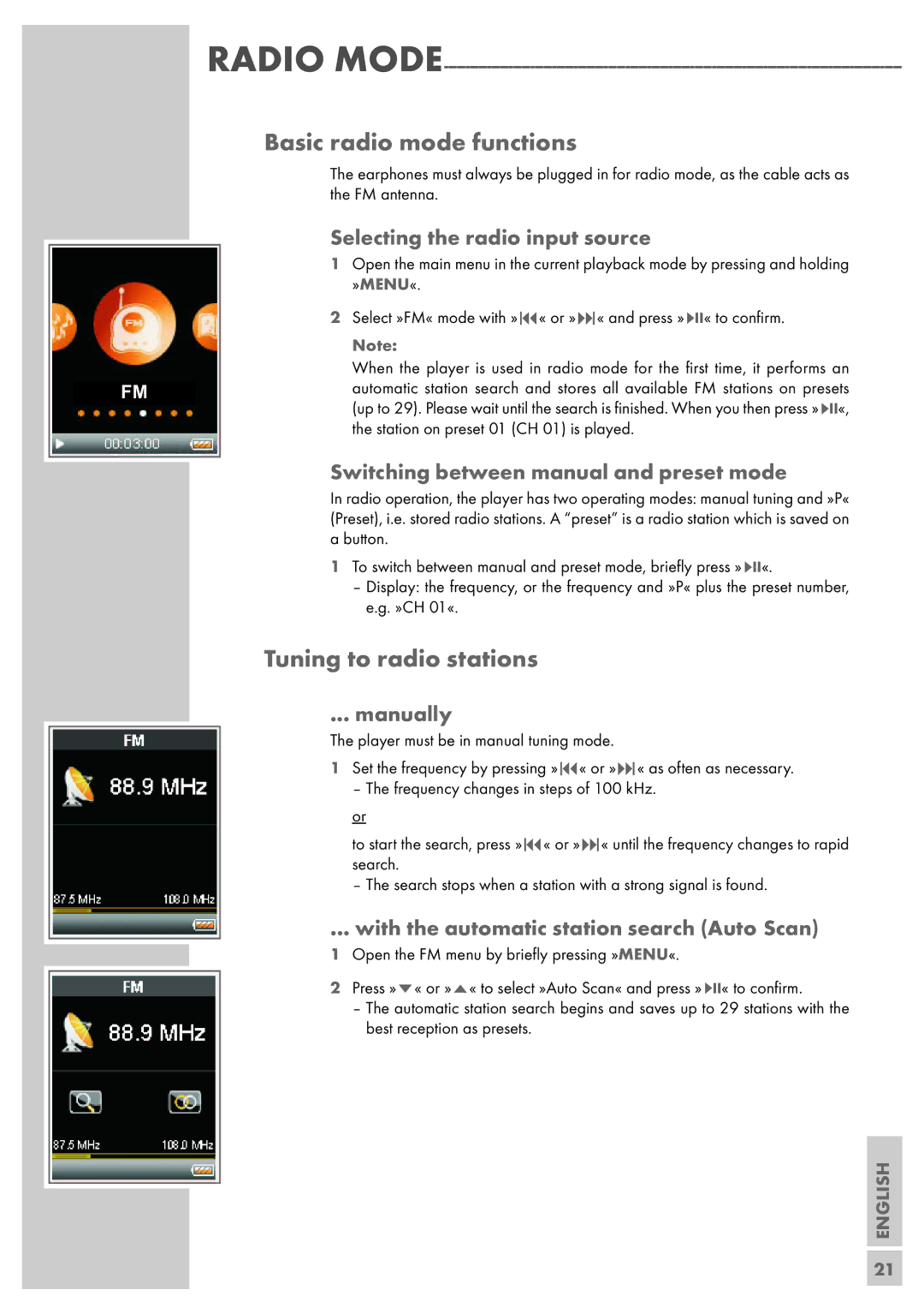 Grundig MPixx 2200, MPixx 2400, MPixx 2000 series manual Basic radio mode functions, Tuning to radio stations 