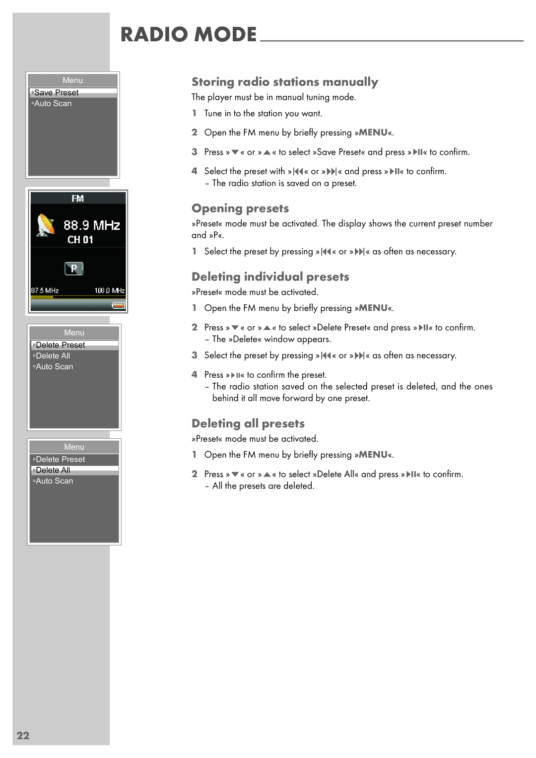 Grundig MPixx 2400 Storing radio stations manually, Opening presets, Deleting individual presets, Deleting all presets 