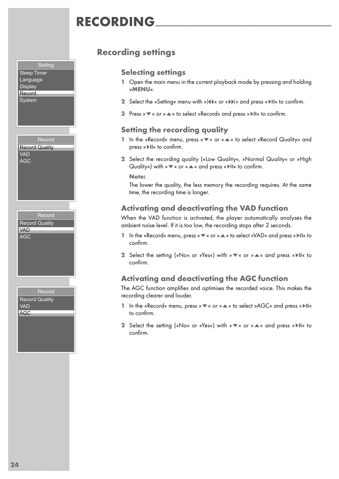 Grundig MPixx 2200, MPixx 2400, MPixx 2000 series Recording settings, Selecting settings, Setting the recording quality 