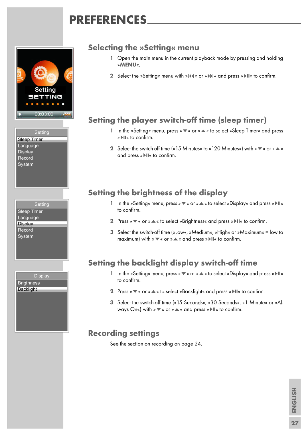 Grundig MPixx 2200, MPixx 2400 manual Selecting the »Setting« menu, Setting the player switch-oﬀ time sleep timer 