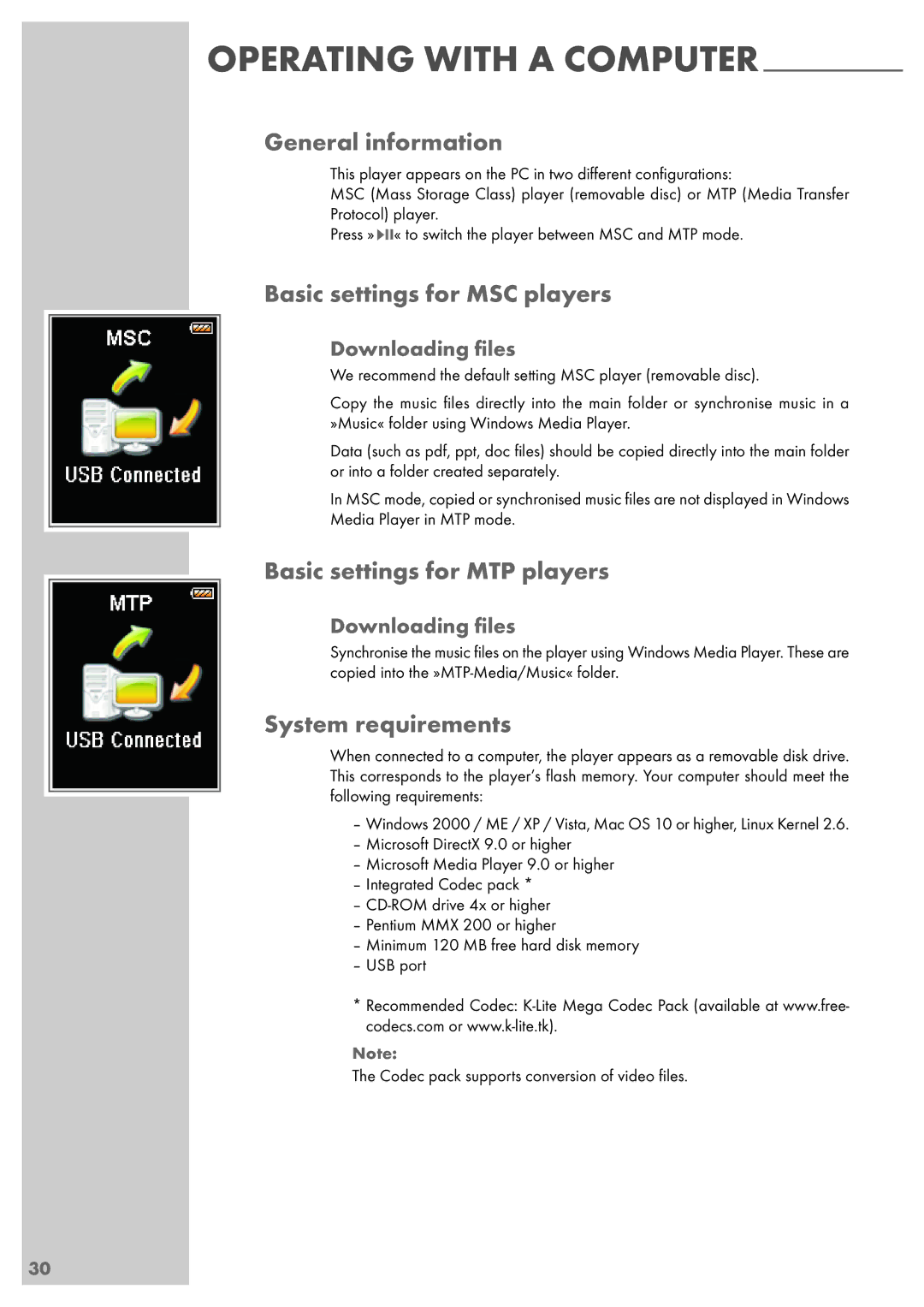 Grundig MPixx 2200 General information, Basic settings for MSC players, Basic settings for MTP players, Downloading ﬁles 